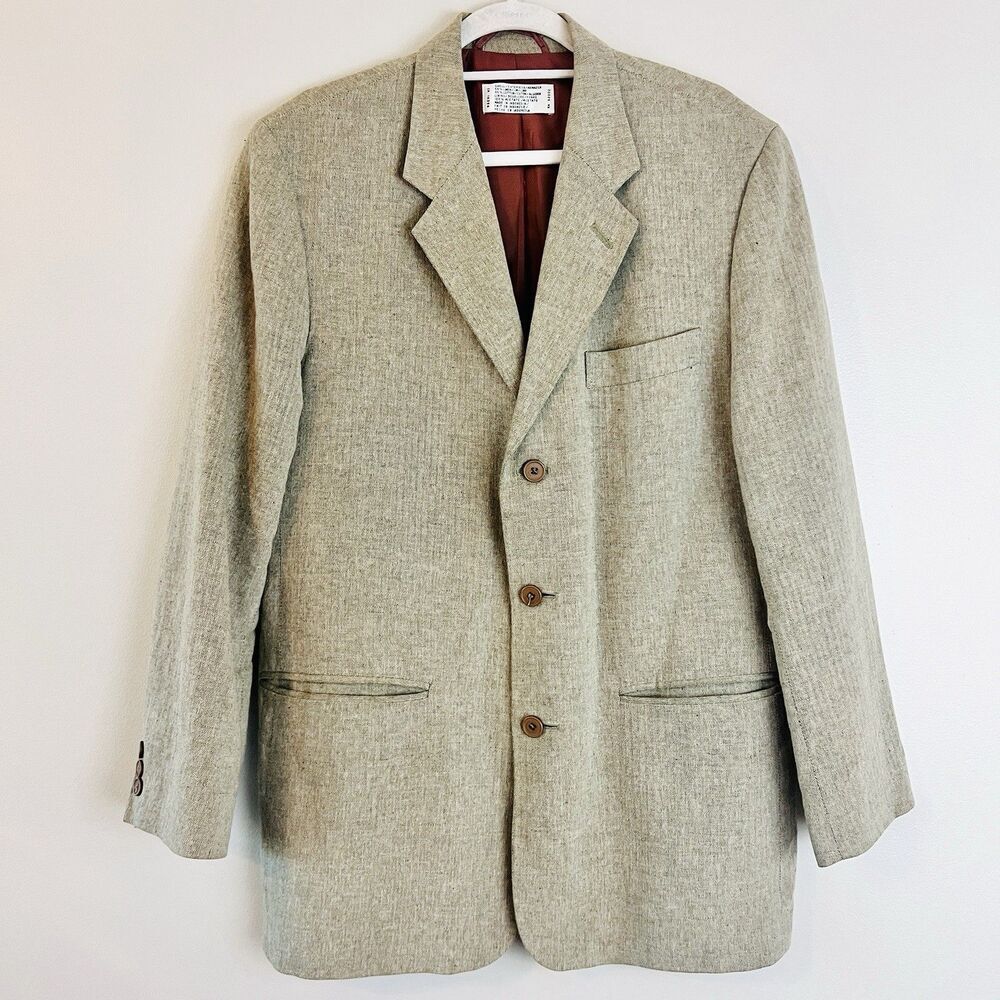 Claiborne Beige Linen & Cotton Blend Satin Lined Triple Button Blazer Jacket 38R